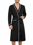 Lovasy Bademantel Waffelpique Herren Langarm Saunamantel Waffelstrick Morgenmantel Lang Loungewear mit Gürtel und Taschen,Schwarz,XL
