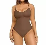 FeelinGirl Shapewear Damen Body Bauchweg Nahtlos Bodysuit V-Ausschnitt Formende Sringbody Überbrust Seamless Bodyshape mit Verstellbarer Riemen Braun M/L
