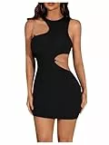SweatyRocks Damen Enges Kleid Cut Outs Minikleid Bodycon Partykleid Asymmetrisch Figurbetonte Kleider Sommerkleid mit Ketten Schwarz S