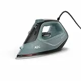 AEG Dampfbügeleisen, 2400 W, Variabler Vertikaldampfstoß, Feinspray, 24% Recyclingkunststoff, Restwärmeanzeige, 2 m Kabel, 180° Drehbar, Anti-Kalksystem, Keramikbügelsohle, Grüngrau, SI5-2-6OG