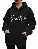 CMTOP Hoodie Damen Letter Print Locker Sweatshirt mit Kapuze Casual Fleece Baumwolle Kapuzenpullover Sport Langarm Pullover mit Tasche Elegant Aesthetic Streetwear für Herbst und Winter(A-Schwarz, S)