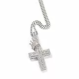 ICEDIAMOND 14K Iced Out Royal Crown Kreuz Anhänger Kette Halskette, vergoldet Bling CZ Diamant Kreuz Charme Hip Hop Modeschmuck für Männer Frauen (White,24''Curb)