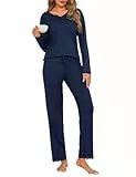 Jahetuul Schlafanzug Damen lang mit Spitze Pyjamas Frauen Schlafanzüge für Damen Nachtwäsche Baumwolle Lounge Set Schlafbekleidung Pyjamahose lang