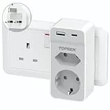 Adapter England Deutschland Stecker, TOPREK Reiseadapter UK mit USB(5V/2.4A), UK Adapter auf EU Adapter Euro Stecker, Steckdosenadapter Reisestecker Typ G für Ireland England, Dubai, Maldives,Malaysia