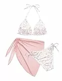 Svanco Cute Bikini Damen Set 3 Teilig mit Blumenmuster - Triangle Neckholder Oberteil, Unterteil Seitlicher Schnürung und Wrap Rock