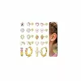 CASSIECA 10 Paar Hypoallergene Ohrringe mit Schraubverschluss für Mädchen 16 Karat vergoldet Medizinische Kinder Creolen Ohrstecker Regenbogen Herz Blume CZ Chirurgenstahl Ohrringe Set