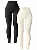 OQQ 2er Pack Damen Leggings Cross Waist High Waist Elastische Lange Yoga Sport Leggings für Damen Schwarz Beige