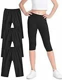 Auranso 3er-Pack Capri Leggings Mädchen Baumwolle 3/4 Kurz Hosen Kinder Caprihosen Sommer Sporthose Sportleggins 6-14 Jahre 134-140 Schwarz