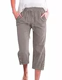CMTOP Sommer Hosen Damen 3/4 Caprihose Weite Freizeithose mit Kordelzug und Taschen Hose Damen Elastische Gerades Bein Sommerhose Bequeme Baumwolle Strandhose