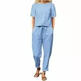 Baumwoll Leinen Zweiteiler Damen Hosenanzug Sommer Bequem Jogginghose Set Pullover Rundhals T-Shirt Fitnessanzug Caprihose Anzug mit Taschen und Kordelzug 2-Teilige blitzangebote des tages
