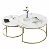 Ginhow Marmor Optik Couchtisch Runder Goldrahem - 2er Set Satztisch, Modern Wohnzimmertisch und Beistelltisch für Wohnzimmer, Ø70x45H cm & Ø50 x35H cm (Weiß und Gold)