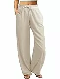Friptspyg Damen Hosen Leicht Weite Hose mit Geradem Bein Sommerhose Kordelzug Freizeithose Einfarbig Lockere Hosen mit Taschen, Khaki L