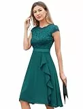 Odizli Cocktailkleid Damen Elegant Kurzarm Spitze Rüschen Chiffonkleid Hochzeitsgast Festlich Hochzeit Kurz Abendkleid Brautjungfernkleider Ballkleid Abschlusskleid Jugendweihe Kleider Pfauenblau M