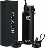 HydroPal Edelstahl Trinkflasche - 750ml, 1L, 1,2L, BPA-Frei, Kohlensäure geeignet, Isolierte flasche mit Strohhalm & 2 Deckel, Auslaufsichere Isolierflasche für Sport (Schwarz, 1200 ml)