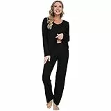 Mnemo Schlafanzug für Damen Weich Gestricktes Schlafanzug Damen lang sexy mit V-Ausschnitt und Exquisitem Gewelltem Saum 2 Stück Slim Fit Frauen Gemütliche Nachtwäsche Schwarz Gr.XL/44 EU