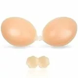 Klebe BH Trägerlos Push Up, Unsichtbarer Sticky Bra, Wiederverwendbare Silikon Klebepads, Mit 1 Paar Nippelpads, Für Alle Rückenfreie Kleidung (Beige, A)