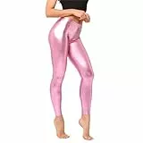 Generisch Metallic Leggings Damen Glitzer Leggings Hoher Taille Karneval Glänzende Lange Hose Wet Look Stretch Shiny Leggins 80er Jahre Damen Silber Leggings Glitzer Disco Outfit Kostüm (M)