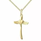 JEVELION Herz-Engel Kreuz Anhänger Gold 585 mit Herz und Engelsflügeln Goldkreuz Mit Kreuzkette 925 Silber vergoldet - Kettenlänge 60 cm.