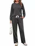 Terecey Jogginganzug Damen 2 Teiliges Lounge Set Trainingsanzug Frauen Kontrastfarbe Rundhalsausschnitt Sportanzug+ Weites Bein Jogginghose Fitnessanzug für Running Yoga Gym Dunkelgrau L