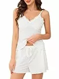 Wikoan Schlafanzug Damen Kurz Pyjama Set Zweiteiliger Lounge Set Spitzen V-Ausschnitt Schlafanzüge Sommer Sexy Nachtwäsche Frauen Weiß XXL