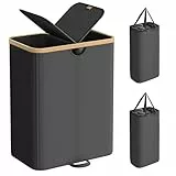 SONGMICS Wäschekorb 2 Fächer, Wäschesammler, 150 Liter, Wäschesortierer mit Deckel, Wäschetonne, Wäschesäcke herausnehmbar, für Waschküche, Schlafzimmer, Wohnzimmer, tintenschwarz-naturbeige LCB523B01