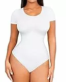 FeelinGirl Nahtloser Body mit kurzen Ärmeln für Frauen Bauchkontrolle Shapewear Bodysuit Rundhalsausschnitt Thong Sculpting Tops - Weiß, XL/XXL