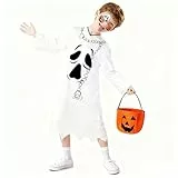 Joxessaien Halloween Geister Kostüm Kinder, Geister Kostüm Weiß mit Kapuze für Jungen und Mädchen Halloween Ghost Costume für Party Cosplay Gespenst Robe mit Kürbis Eimer(8-10 Jahre)