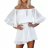 Pink Queen Damen Trägerlos Boho Jumpsuit Mini Kleid Rüschen Strampler Shorts Schulterfrei Sommer Spielanzug Weiß S