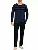 Marvmys Herren Schlafanzug Langer Winter Pyjama Set Herren Schlafanzüge Länge Baumwolle Rundhals Men's Langarmshirt Bündchen Pyjamahose Mit Taschen S-3XL