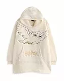 Harry Potter Damen tragbarer Decken-Hoodie | Beigefarbener Kapuzenpullover für Erwachsene mit Hedwig-Eule-Charakter-Stickerei | Einheitsgröße, Sherpa-gefütterte Loungewear mit Taschen