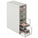 mDesign Aufbewahrungsbox für das Bad – Box mit 5 Schubladen aus Kunststoff für Make-up – Kosmetik Organizer für den Schrank, Wasch- und Schminktisch – hellgrau und durchsichtig