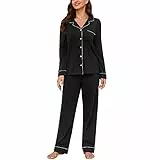 U2SKIIN Schlafanzug Damen lang 100% Baumwolle, Pyjama Damen weiche Pyjamas Set leichte Nachtwäsche Schlafanzüge für Frauen Zweiteiler Pyjama Set (Schwarz, M)
