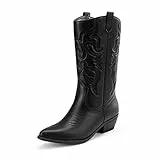 DREAM PAIRS Damen Cowboy Stiefel, Knöchelhohe Cowgirl Stiefel mit Stickerei, Western Chunky Niedrigabsatz Schuhe,Size 39,Schwarz,SDMB2218W