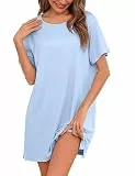 Litherday Schlafshirt Damen Nachthemd Baumwolle Kurzarm Nachtwäsche Sleepshirt Kurz Locker Seitenschlitz Schlafkleid Nachtkleid Weiche Schlafhemd Helllblau S