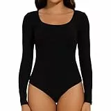 Joyshaper Body Damen Langarm Elegant Bodysuit Oberteil Damenbody Set Langarmshirt Sexy Stringbody Tops für Frauen Schwarz/U-Ausschnitt,XL