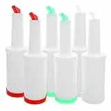 BESTonZON Saftflaschen 1L mit Ausgießer & Deckel – 6 Bunte Kunststoff Flaschen Set zum Befüllen, Lagern, Mischen von Saft, Sirup, Cocktails & Dressing