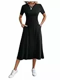 SweatyRocks Damen T-Shirts Kleid A Linie Midikleid Casual Freizeitkleid Kurzarm Sommerkleid mit Taschen Schwarz L