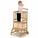 COSYLAND Montessori Lernturm ab 1 Jahr – Höhenverstellbarer Kinder Lernturm & Learning Tower für Küche, sicherer Montessori Tower mit 2 Stufen, Kippschutz & rutschfesten Matten, Bambus Klassisch Natur