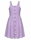 Arshiner Mädchen Kleider Ärmelloses Kinderkleid Knopfleiste Trägerkleid Sommer Baumwolle Swingkleid Festliches A-Linie Freizeitkleid Elegant Kleid für Mädchen 7-8 Jahre Lila