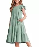 Arshiner Mädchen Kleider Rüschenärmel Sommer Kinder Baumwolle Freizeitkleid Rundhals ärmellos Swing Festliches Kleid für Mädchen 8-9 Jahre Grün