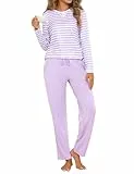 Jahetuul Damen Schlafanzug Baumwolle Pyjama lang gestreift Rundhals Schlafanzüge Mädchen Homewear Women Pyjamas Set Schlafhosen Baumwolle lang