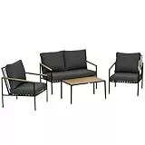 Outsunny 4-teilige Gartenmöbelgarnitur 4 Personen mit 2-Sitzer-Sofa, Sessel und Couchtisch 8 Kissen - Stahl schwarz Polyester dunkelgrau