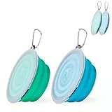 2 Stück Faltbare Reisenäpfe,Haustier Hundenapf mit Deckel und Haken Tragbare Silikon Trinkschale für Katzen,Hunde Reise Wanderungen and Camping (Hellblau und Hellgrün, Mittel)