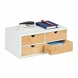 Relaxdays Schreibtisch Organizer, 4 Schubladen, für Büroutensilien, HxBxT: 14 x 33 x 21 cm, Bambus & MDF, weiß/natur