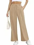 Missufe Damen Freizeit Gerade Hohe Taille Lang Arbeitshose Lounge Hosen mit Taschen (Khaki, Mittel)