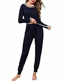 Aseniza Pyjama Damen Lang Schlafanzug Set Baumwolle Langer Kuschelig Pijamas Nachtwäsche Winter Zweiteiliger Hausanzug Einfarbig Damenschlafanzug Schlafanzughose Dunkelblau M