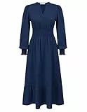 GRACE KARIN Damen Maxikleid mit V-Ausschnitt Elegantes Herbst Kleid Langarm Abendkleid Hochzeitsgast Marineblau L