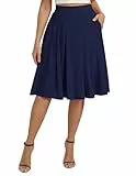 Belle Poque Damen Elegante Midi Rock Hochtaillierter A-Linie Basic Plissee Skater Röcke Mit Taschen Marineblau XXL