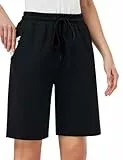 MOVE BEYOND Damen Bermuda Shorts Kurze Hose Sommer Baumwolle Sporthose Jogginghose Knielang mit 3 Taschen, Schwarz, L