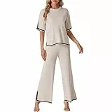 Jetjoy Zweiteiler Damen Freizeitanzug Hausanzug Kurzarm Strickpullover mit Lange Hose Lounge Set Tracksuit Jogginganzug 2 Teiler Set Winter Outfits,Beige,XL